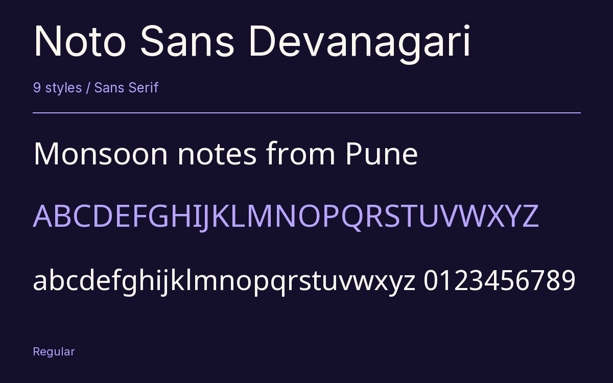 Noto Sans Devanagari type specimen with letters and figures
