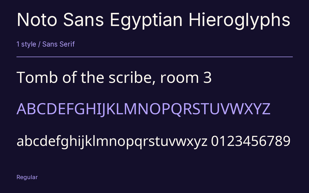 Noto Sans Egyptian Hieroglyphs type specimen with letters and figures