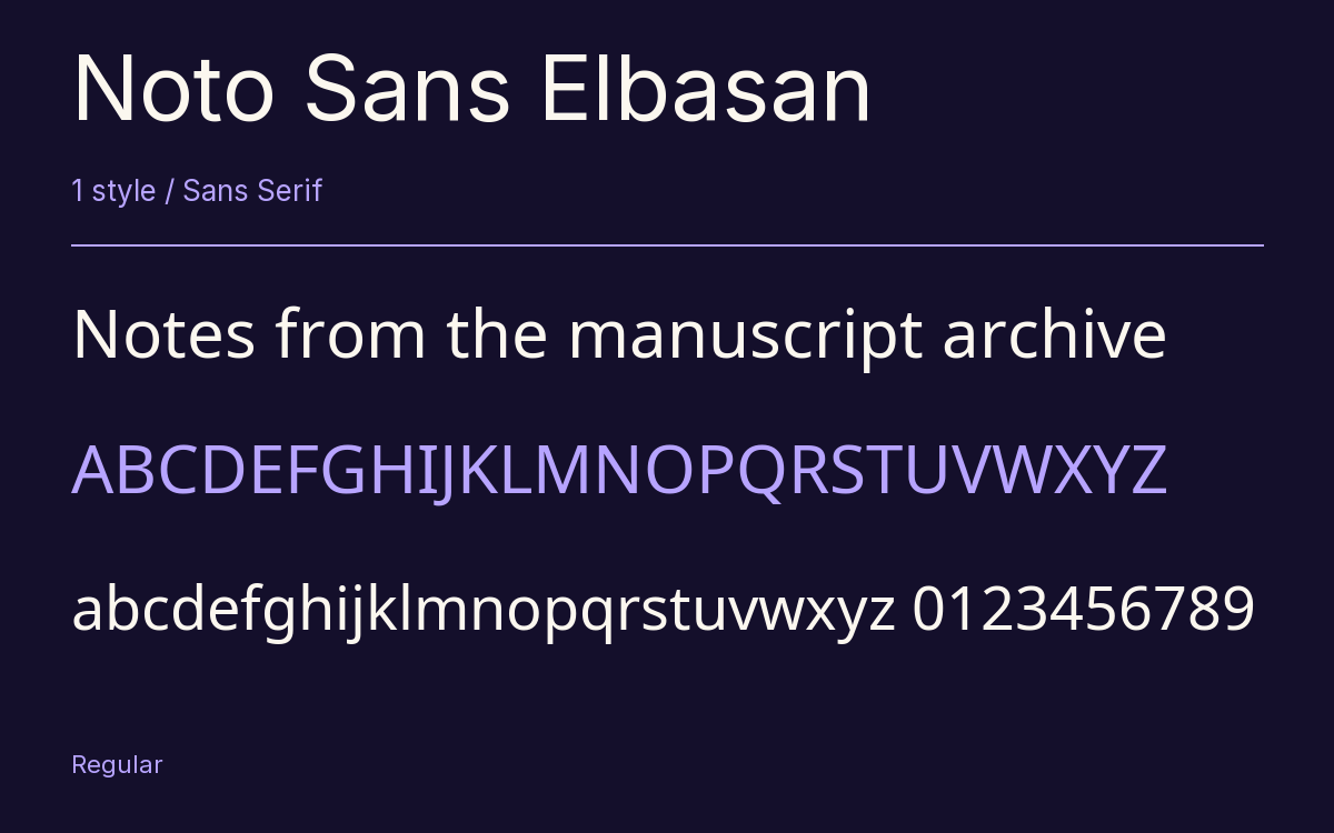 Noto Sans Elbasan type specimen with letters and figures