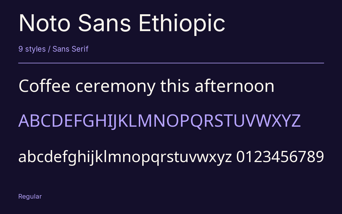 Noto Sans Ethiopic type specimen with letters and figures