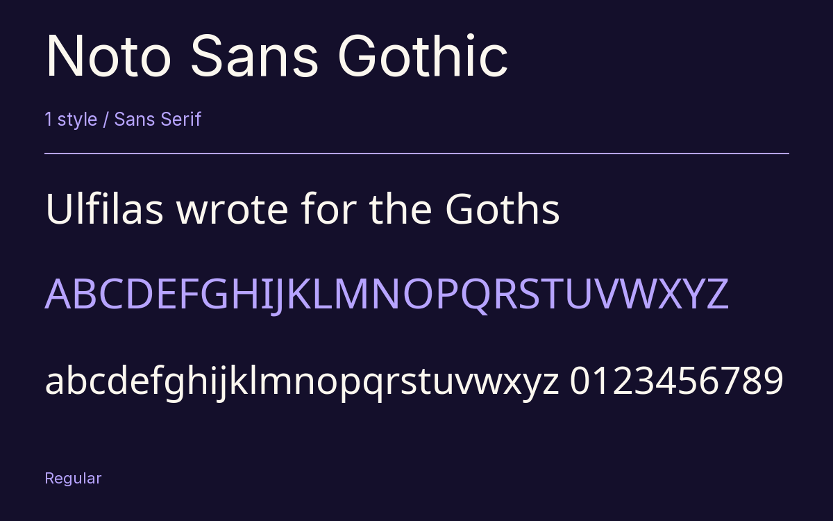 Noto Sans Gothic type specimen with letters and figures