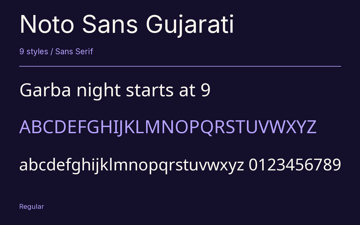Noto Sans Gujarati type specimen with letters and figures