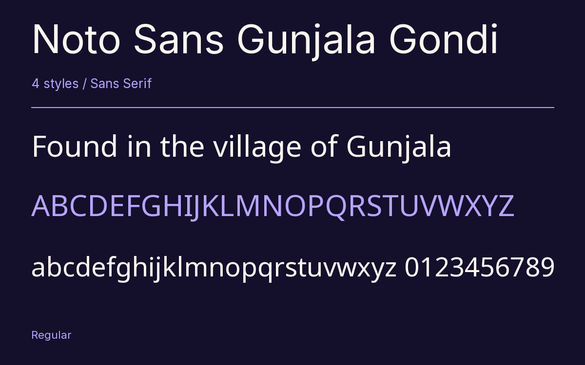 Noto Sans Gunjala Gondi type specimen with letters and figures