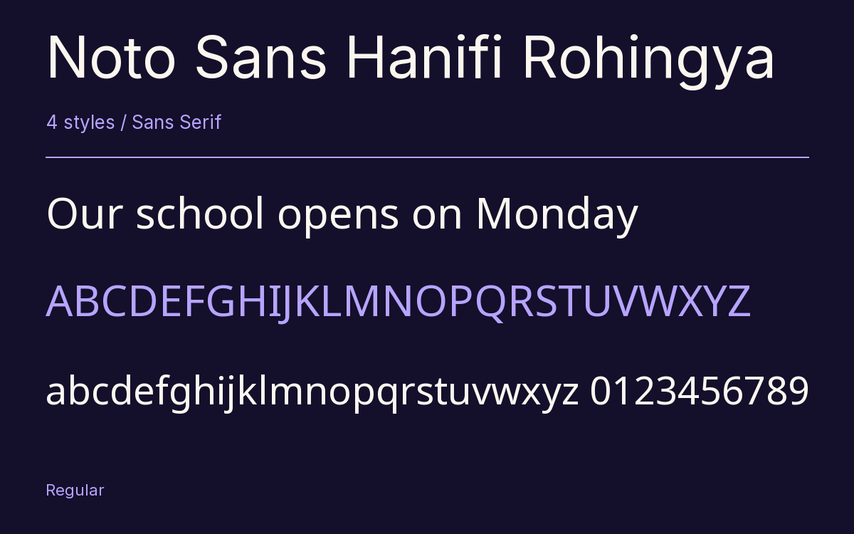 Noto Sans Hanifi Rohingya type specimen with letters and figures