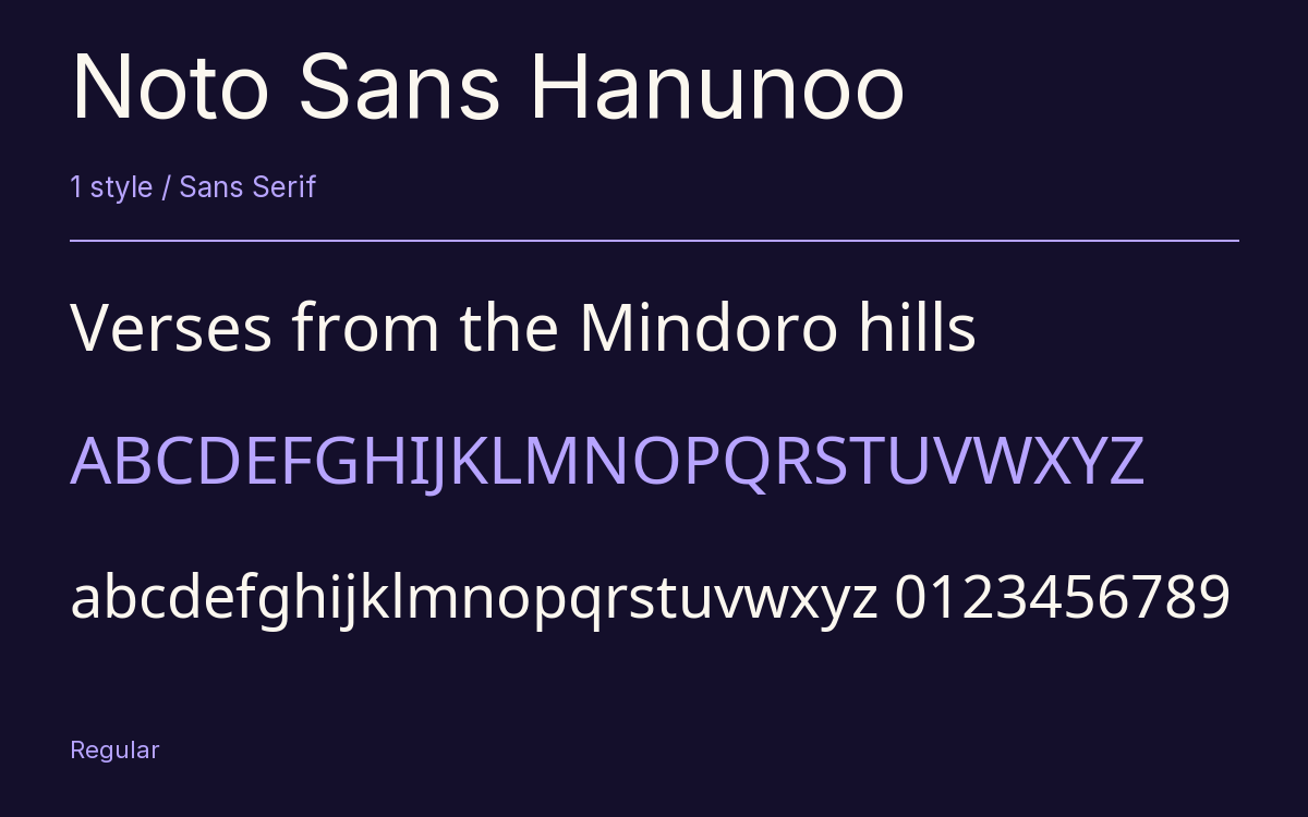 Noto Sans Hanunoo type specimen with letters and figures
