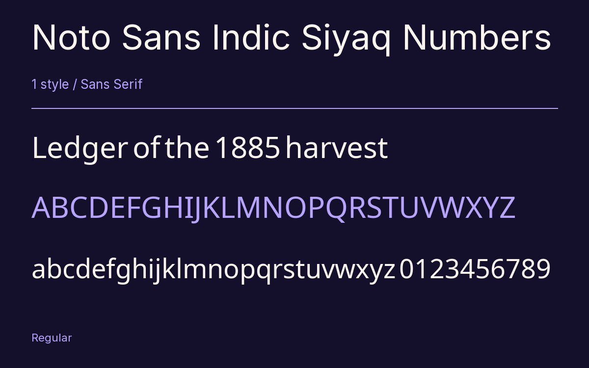 Noto Sans Indic Siyaq Numbers type specimen with letters and figures