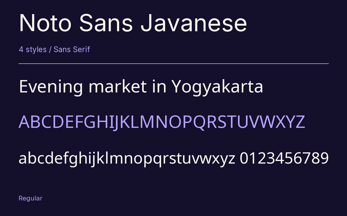 Noto Sans Javanese type specimen with letters and figures