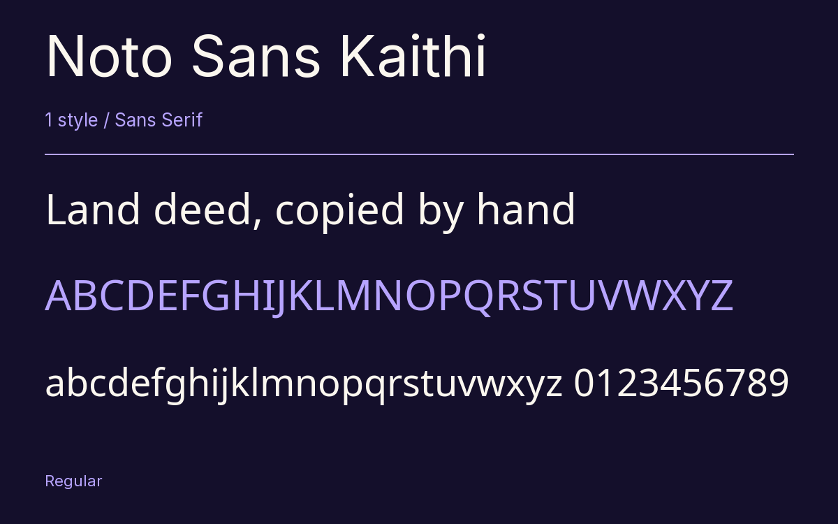 Noto Sans Kaithi type specimen with letters and figures