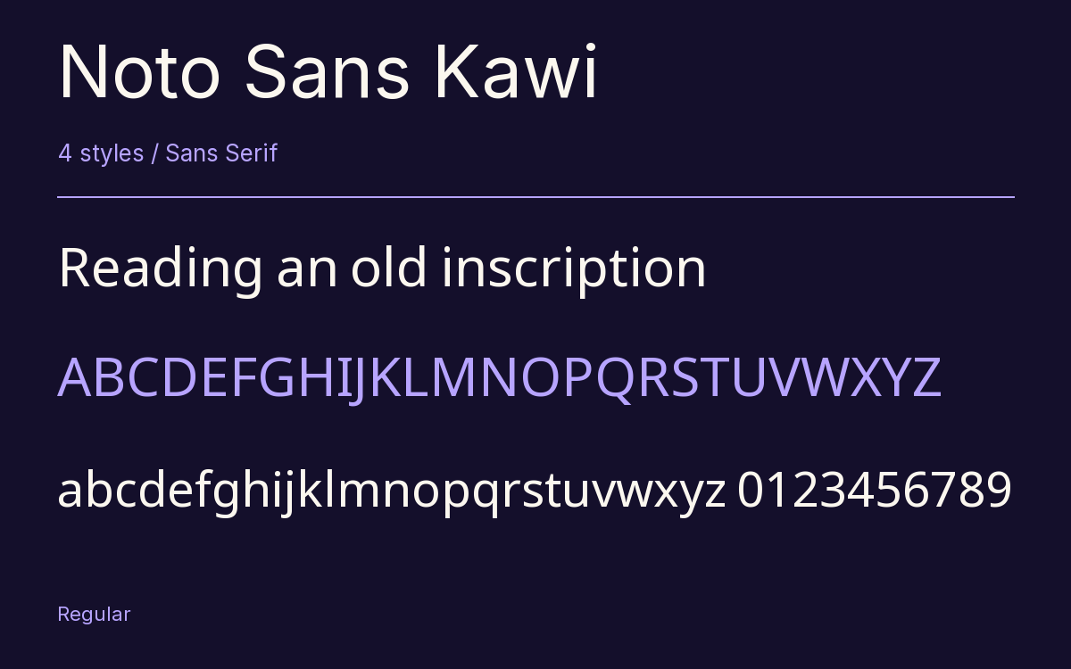 Noto Sans Kawi type specimen with letters and figures
