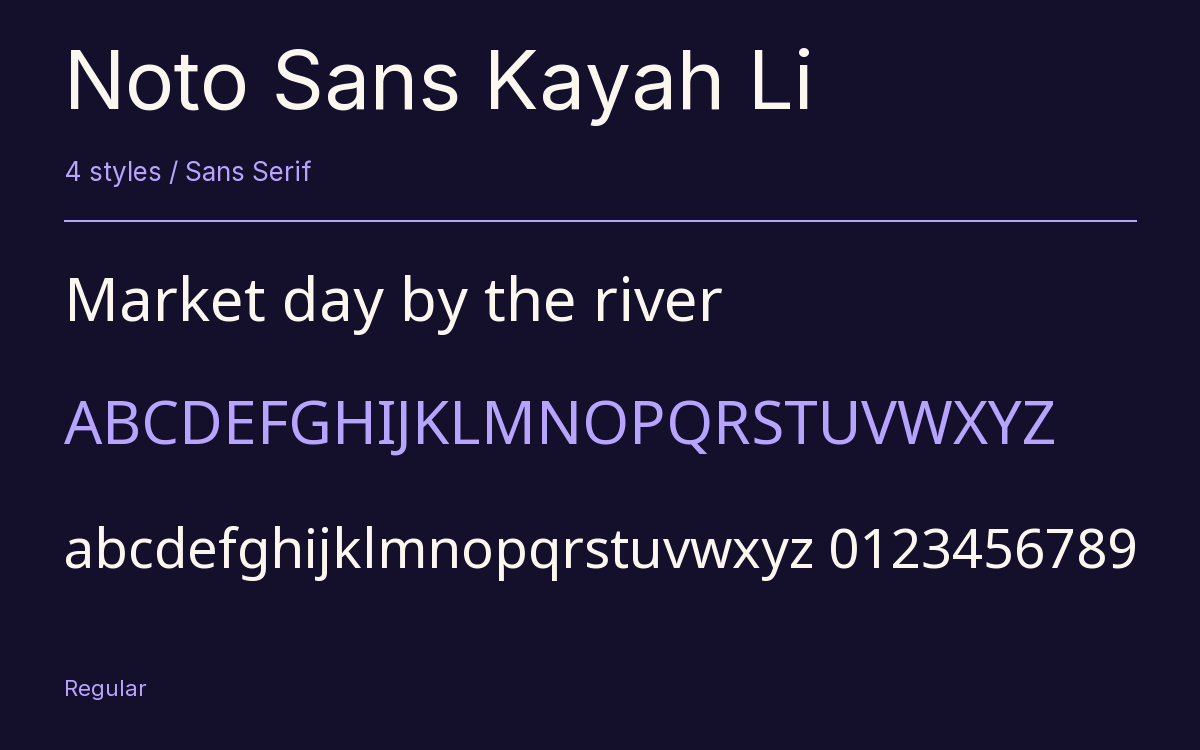 Noto Sans Kayah Li type specimen with letters and figures