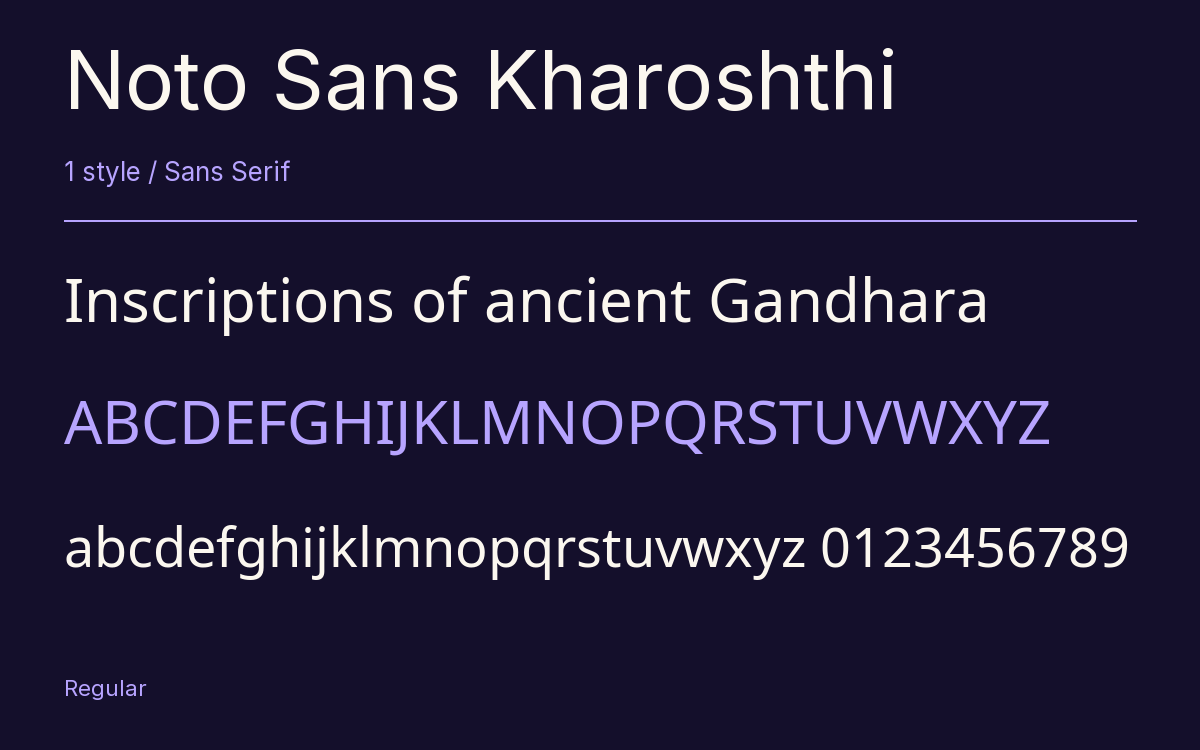 Noto Sans Kharoshthi type specimen with letters and figures