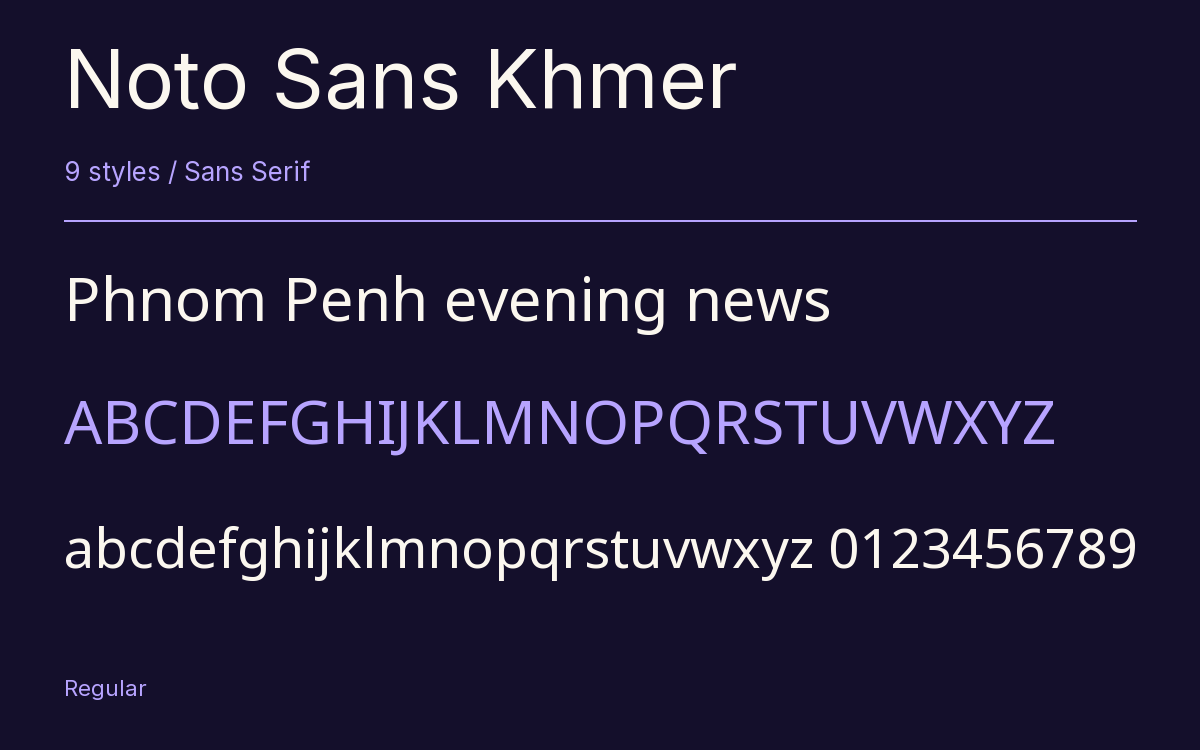 Noto Sans Khmer type specimen with letters and figures