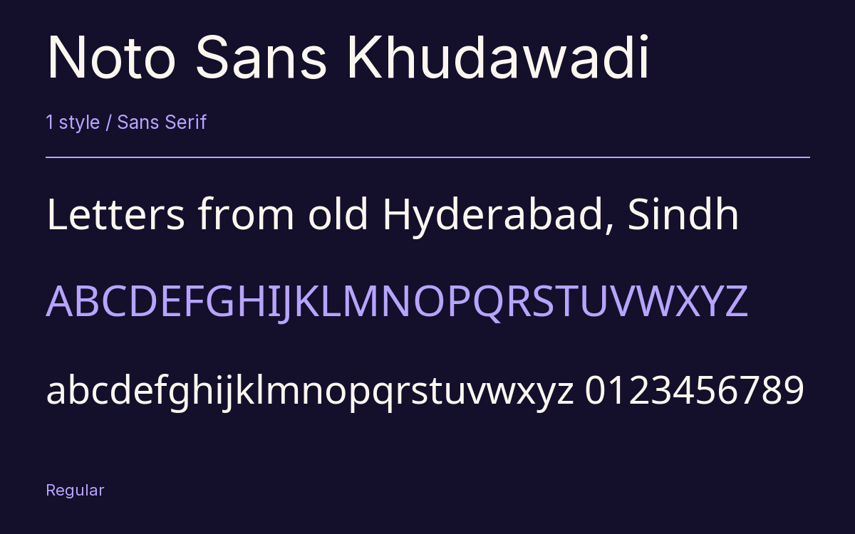 Noto Sans Khudawadi type specimen with letters and figures