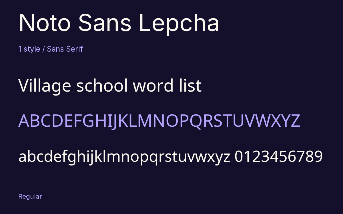 Noto Sans Lepcha type specimen with letters and figures