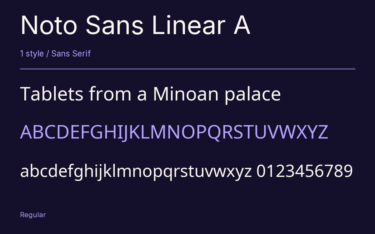 Noto Sans Linear A type specimen with letters and figures