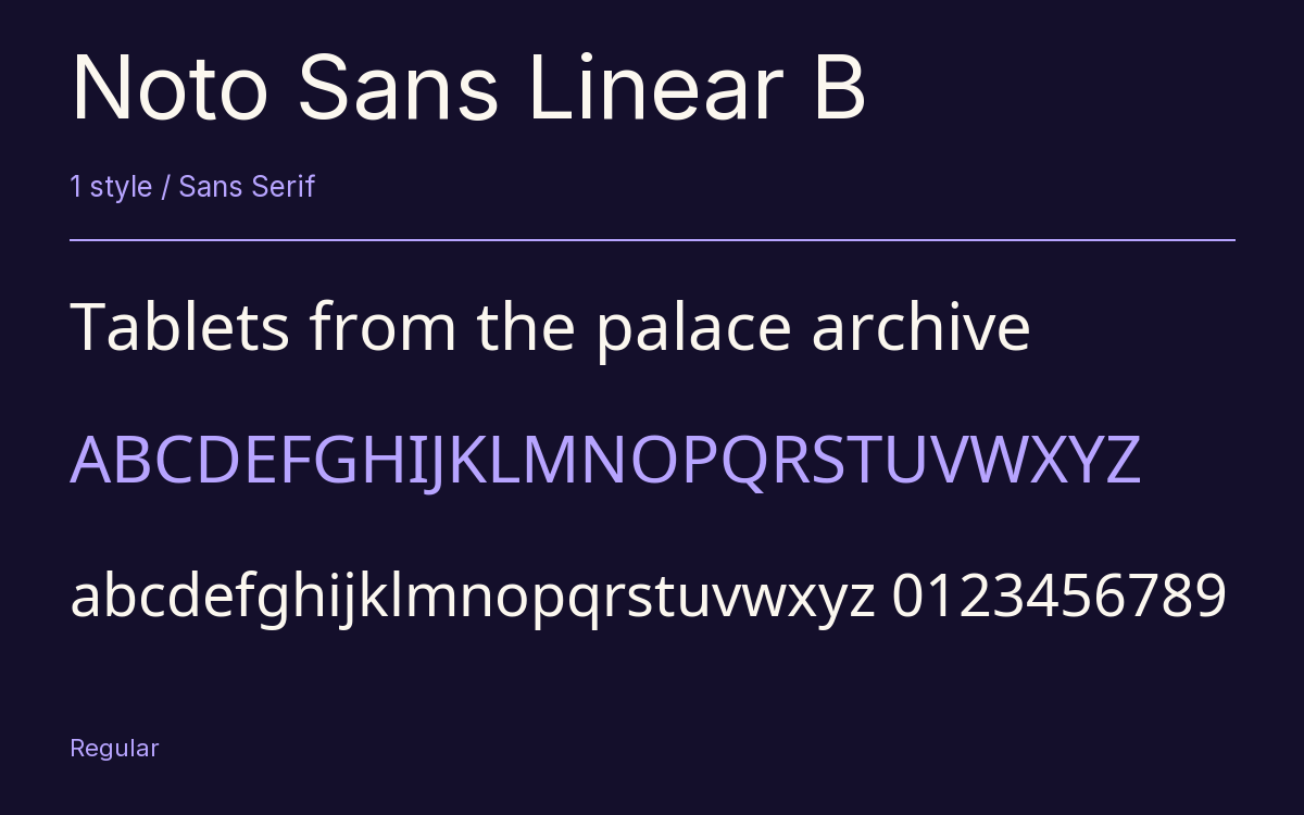 Noto Sans Linear B type specimen with letters and figures