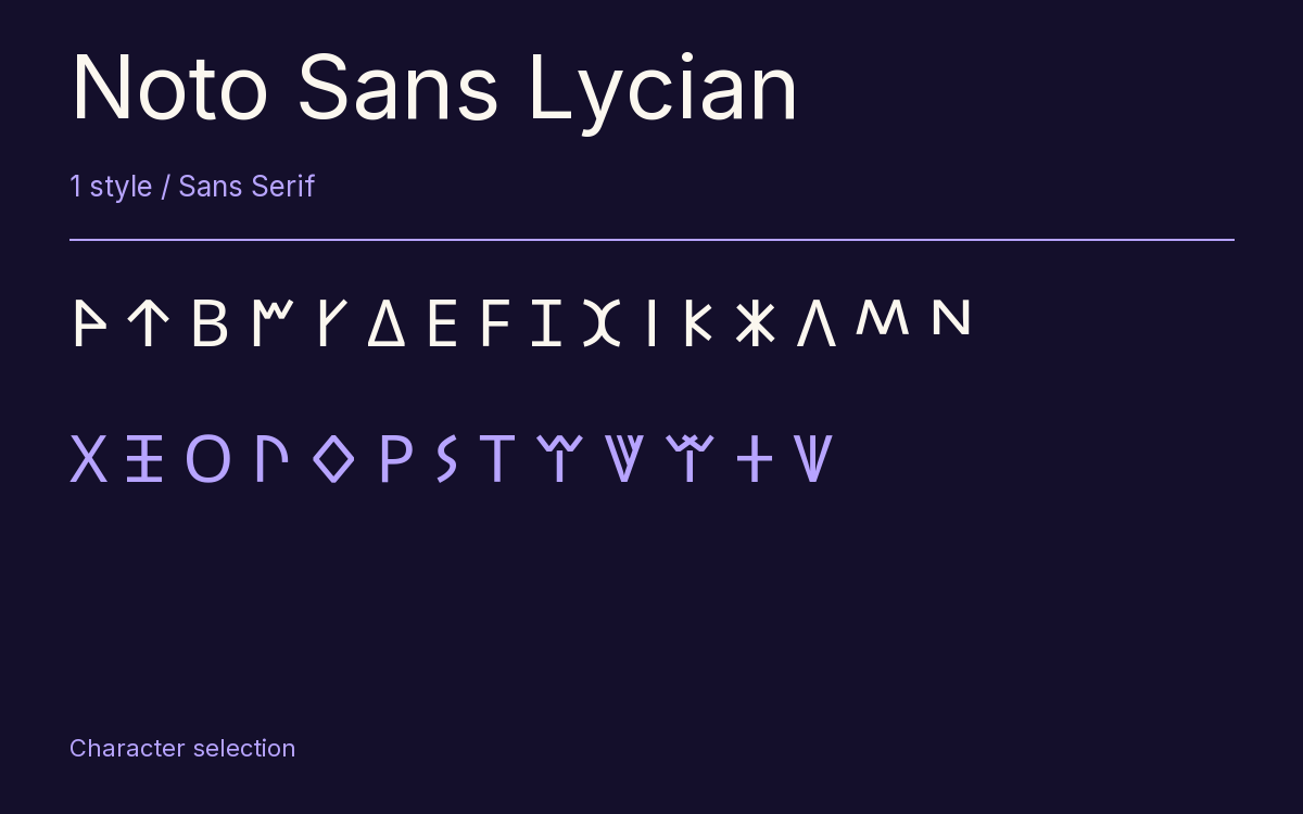 Noto Sans Lycian type specimen with letters and figures