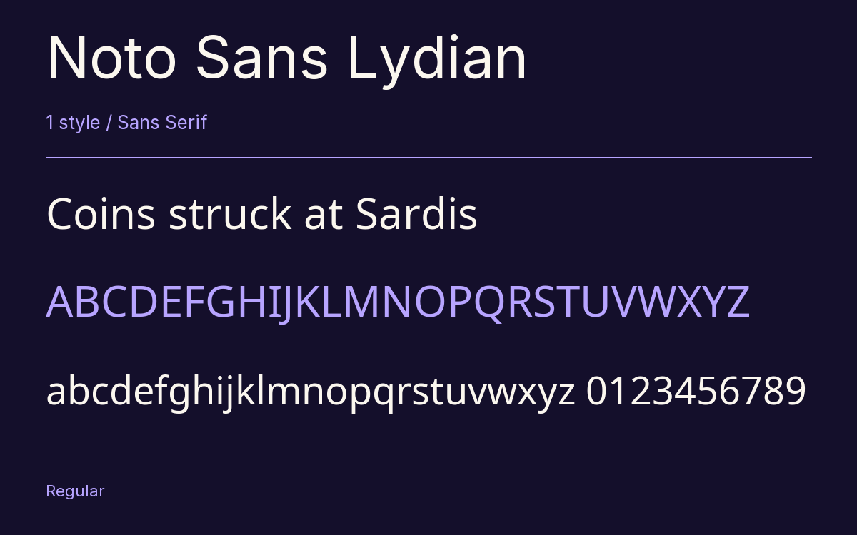 Noto Sans Lydian type specimen with letters and figures
