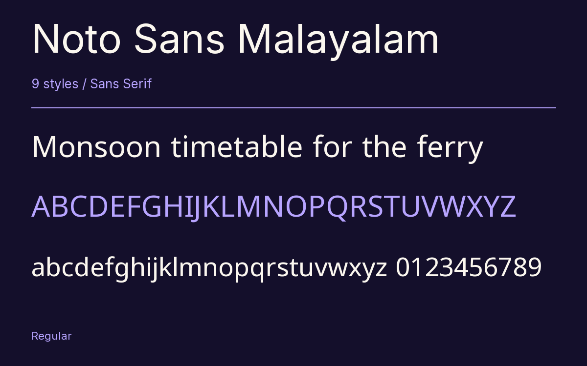 Noto Sans Malayalam type specimen with letters and figures