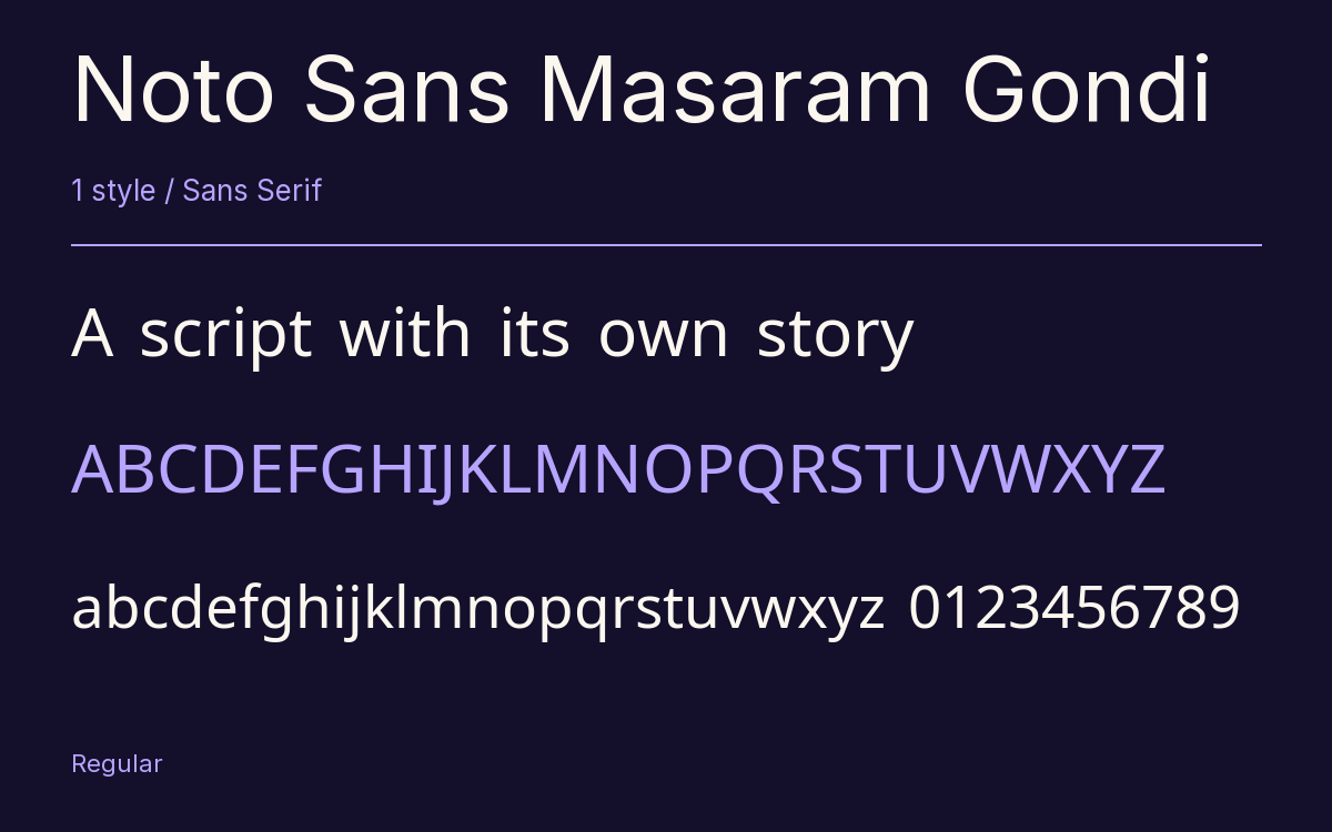 Noto Sans Masaram Gondi type specimen with letters and figures