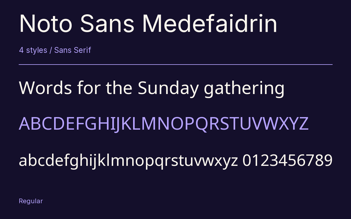 Noto Sans Medefaidrin type specimen with letters and figures