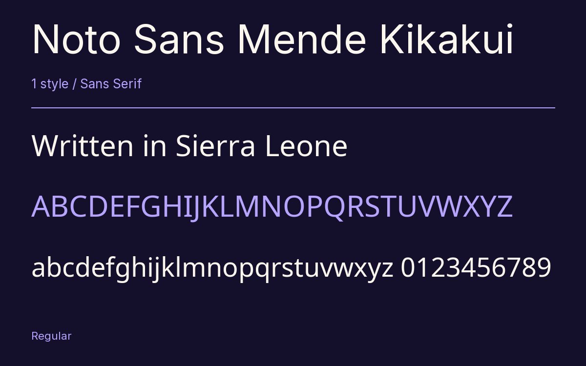 Noto Sans Mende Kikakui type specimen with letters and figures