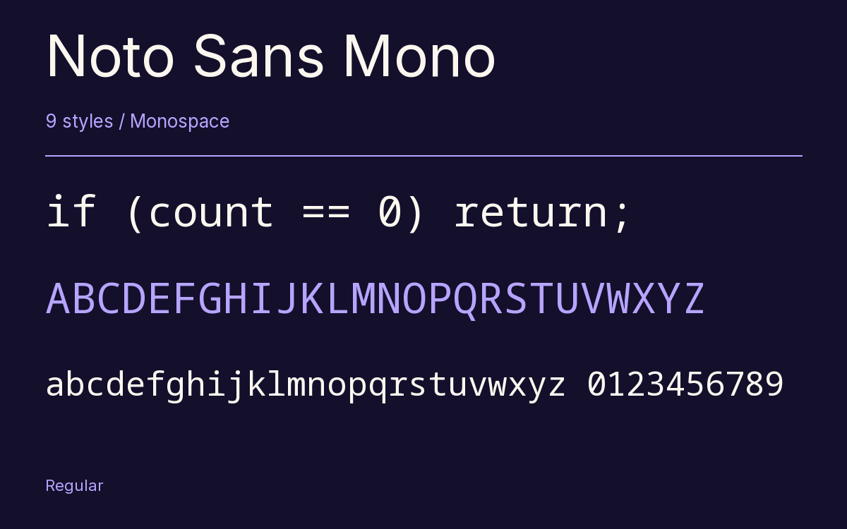 Noto Sans Mono type specimen with letters and figures