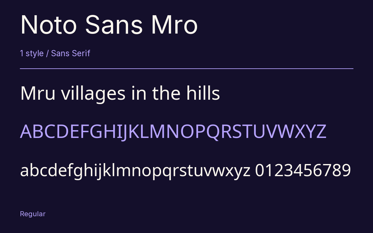 Noto Sans Mro type specimen with letters and figures