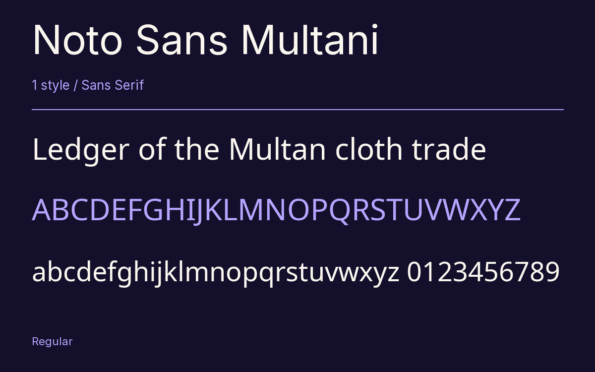 Noto Sans Multani type specimen with letters and figures