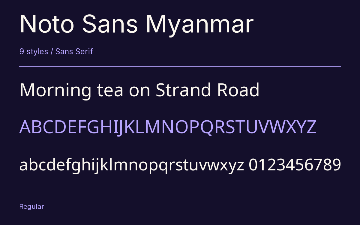 Noto Sans Myanmar type specimen with letters and figures