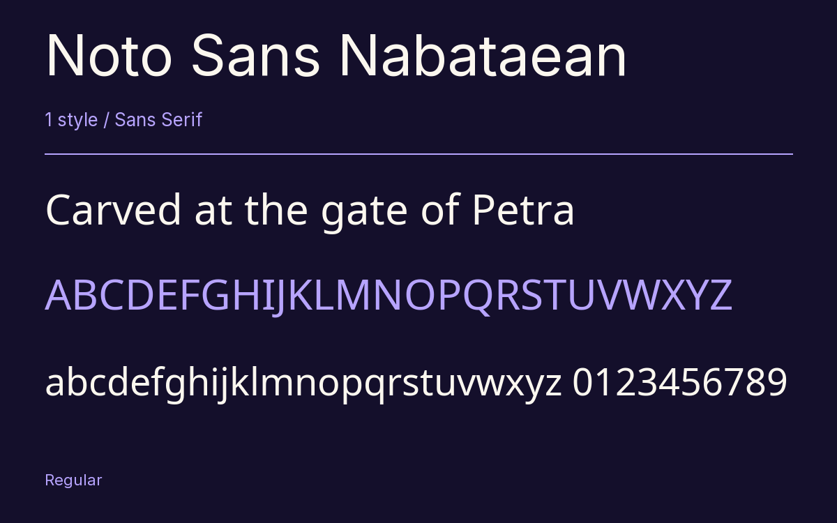 Noto Sans Nabataean type specimen with letters and figures