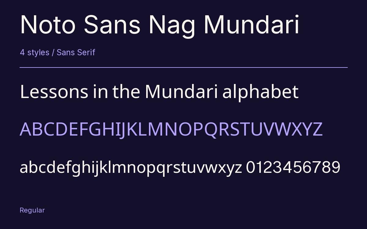 Noto Sans Nag Mundari type specimen with letters and figures