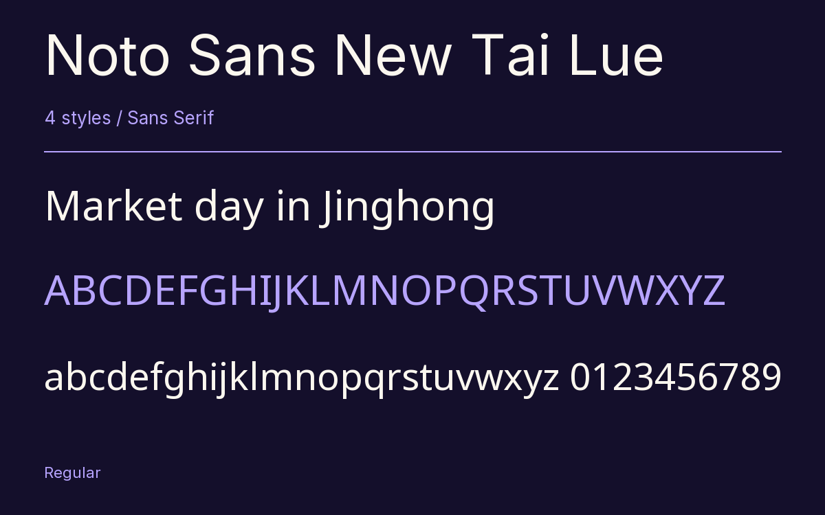 Noto Sans New Tai Lue type specimen with letters and figures