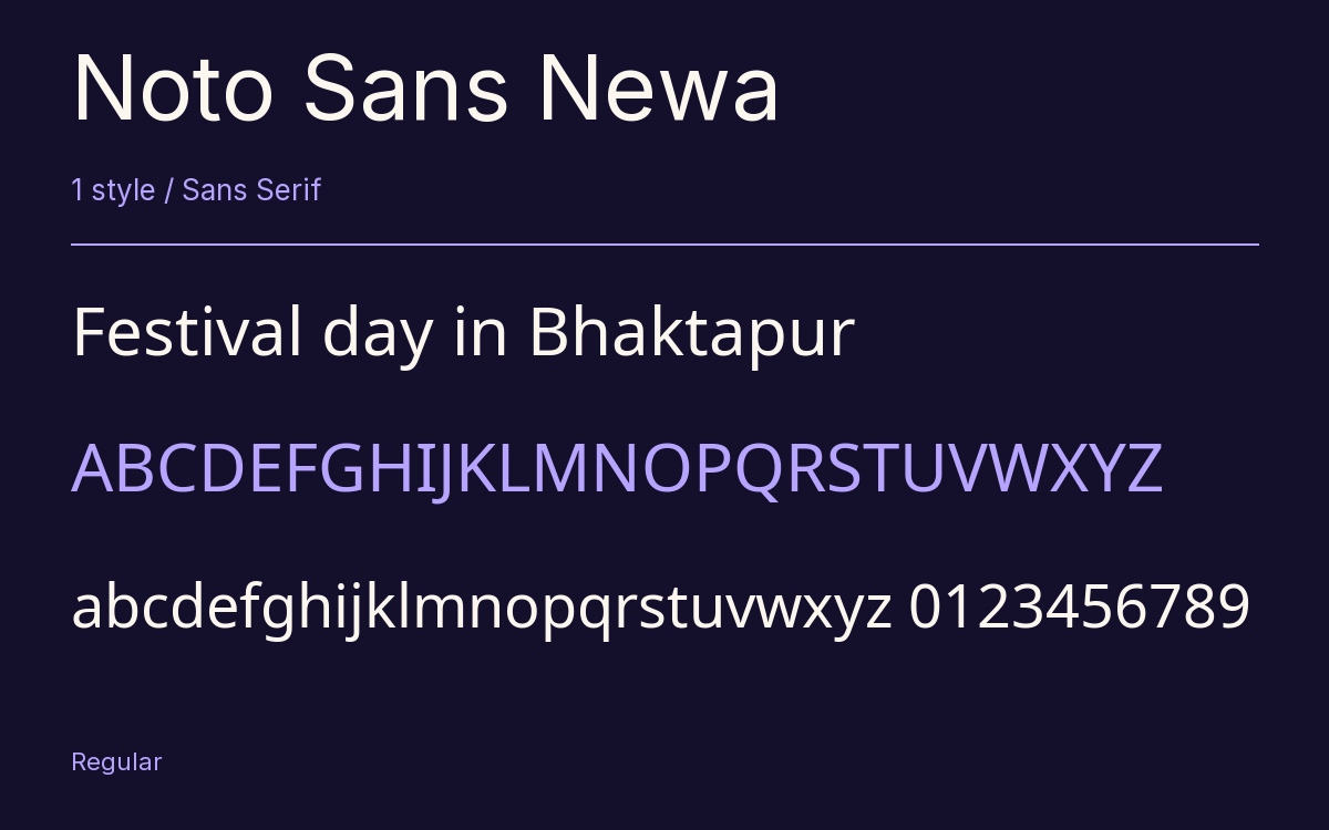 Noto Sans Newa type specimen with letters and figures