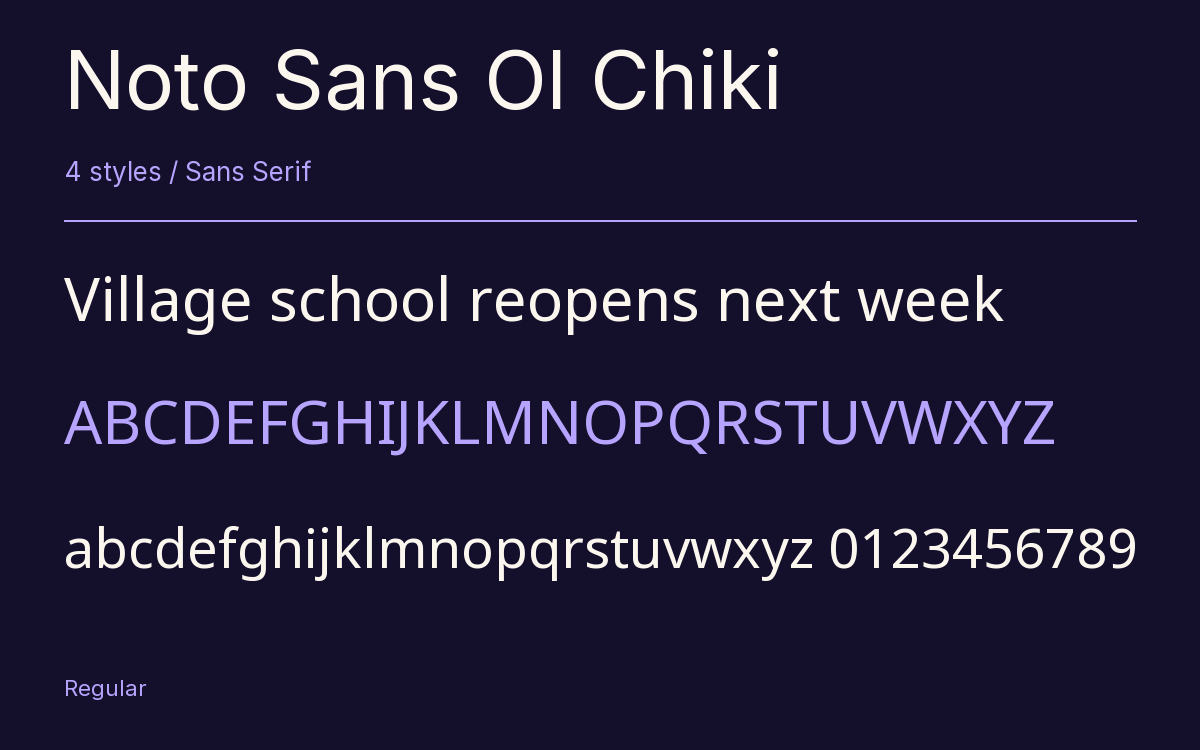 Noto Sans Ol Chiki type specimen with letters and figures