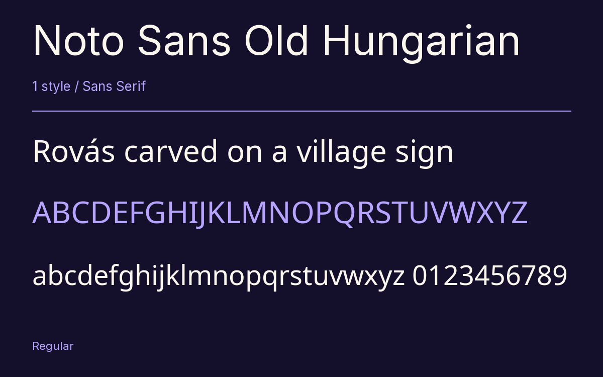 Noto Sans Old Hungarian type specimen with letters and figures