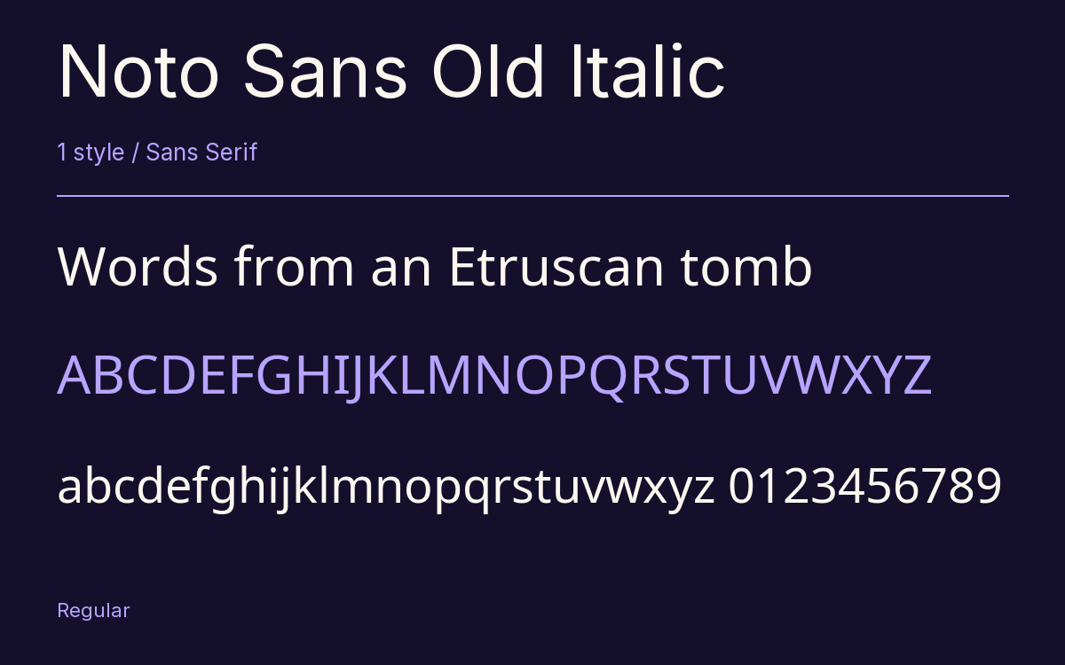 Noto Sans Old Italic type specimen with letters and figures