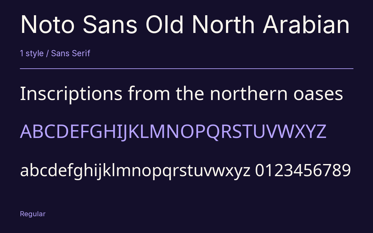 Noto Sans Old North Arabian type specimen with letters and figures