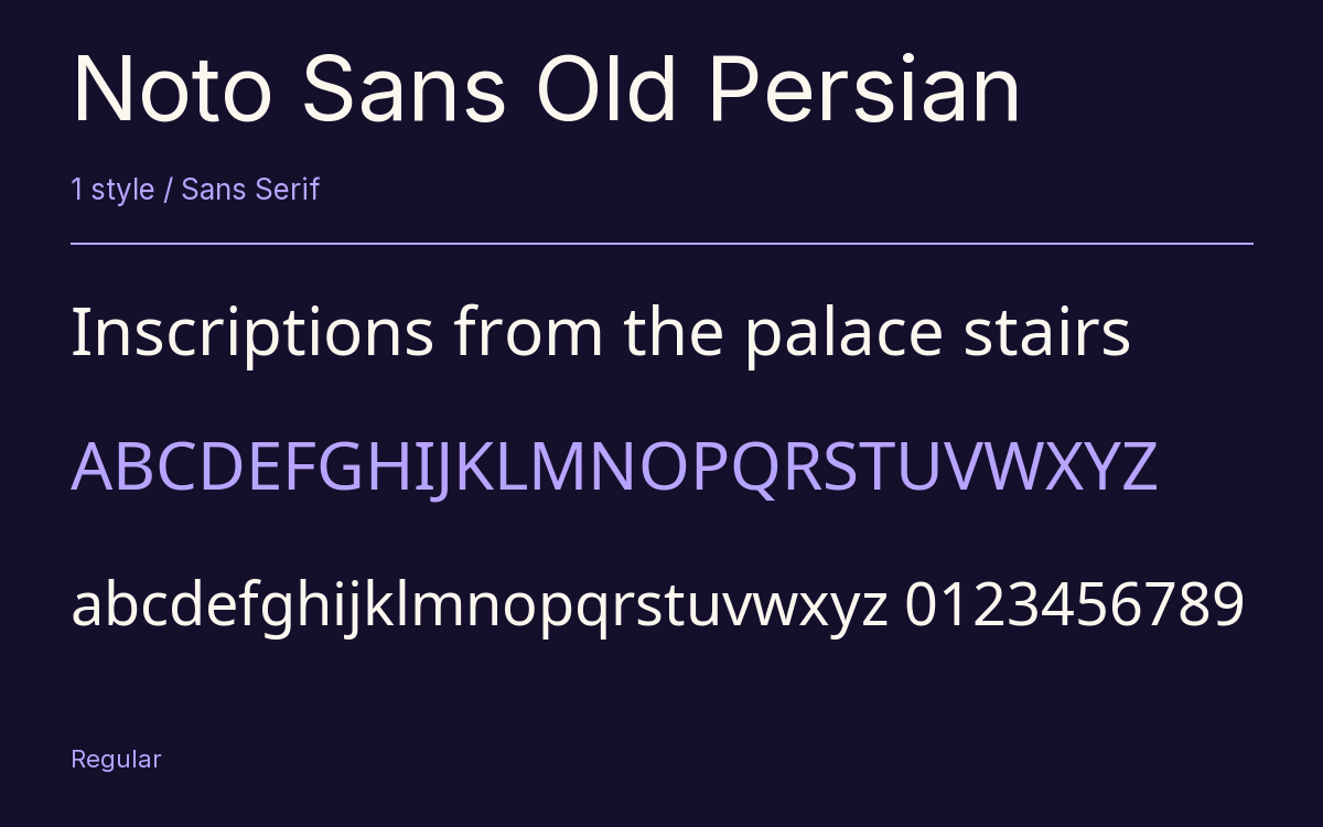 Noto Sans Old Persian type specimen with letters and figures