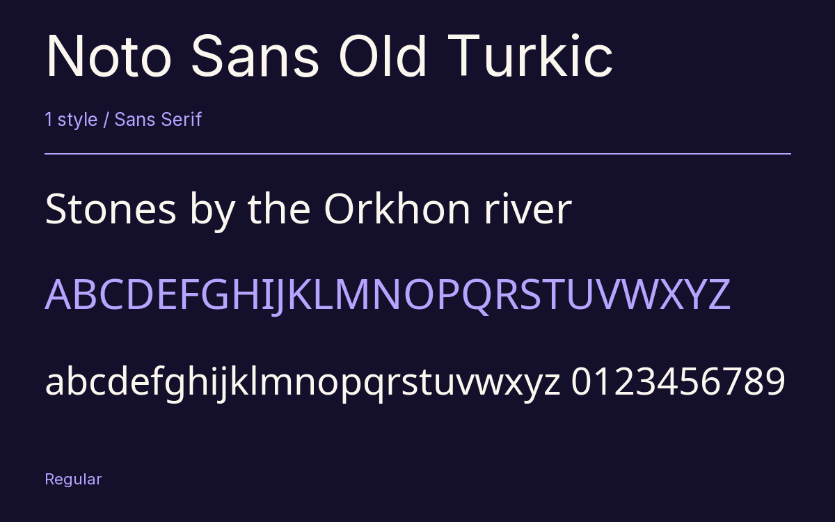 Noto Sans Old Turkic type specimen with letters and figures