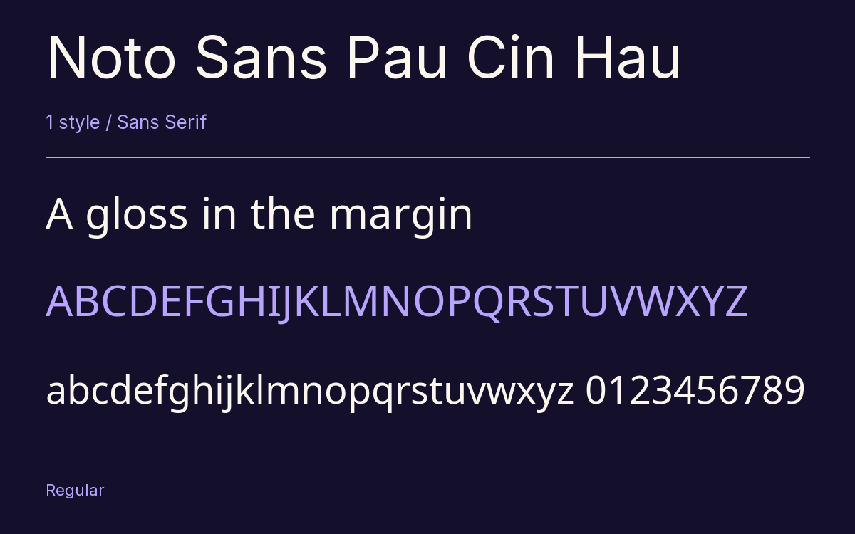 Noto Sans Pau Cin Hau type specimen with letters and figures