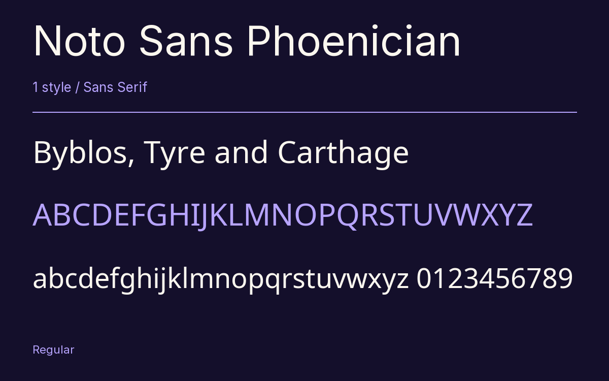 Noto Sans Phoenician type specimen with letters and figures