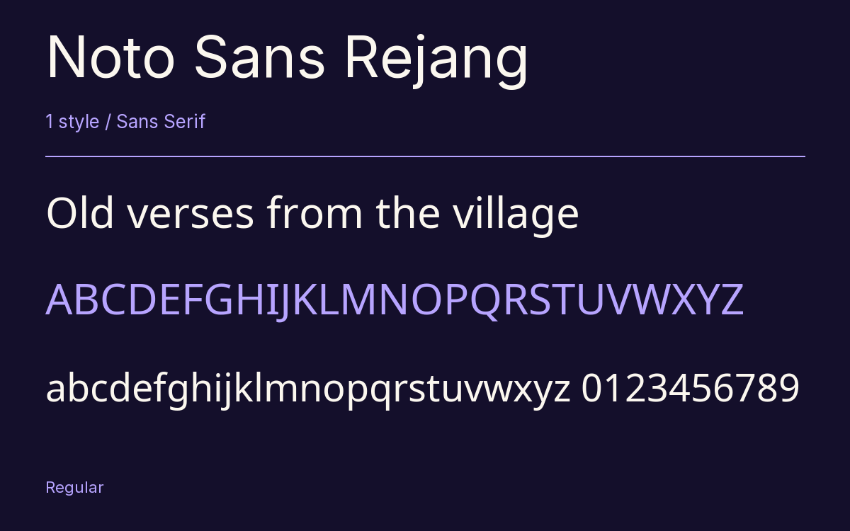Noto Sans Rejang type specimen with letters and figures