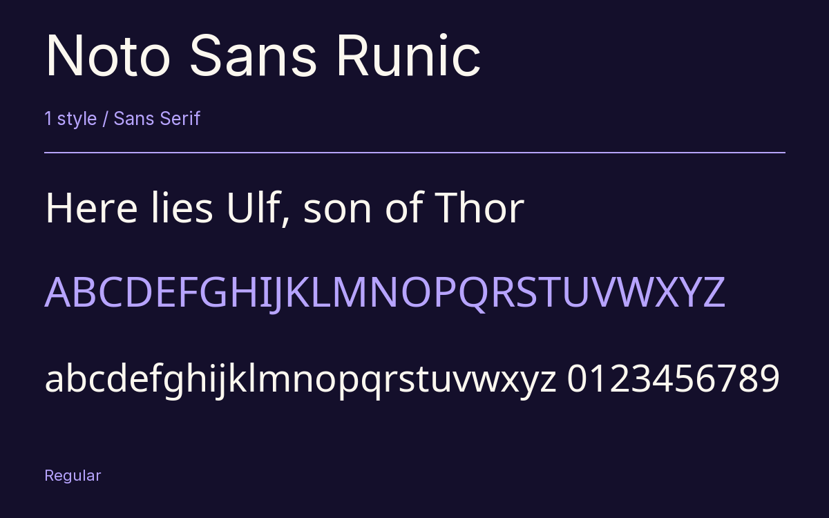 Noto Sans Runic type specimen with letters and figures