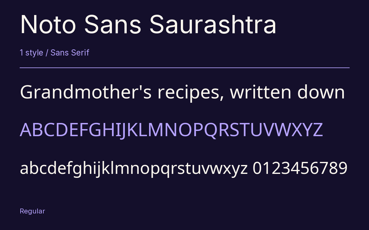 Noto Sans Saurashtra type specimen with letters and figures
