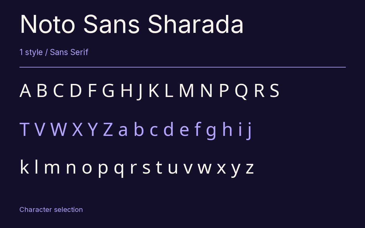 Noto Sans Sharada type specimen with letters and figures