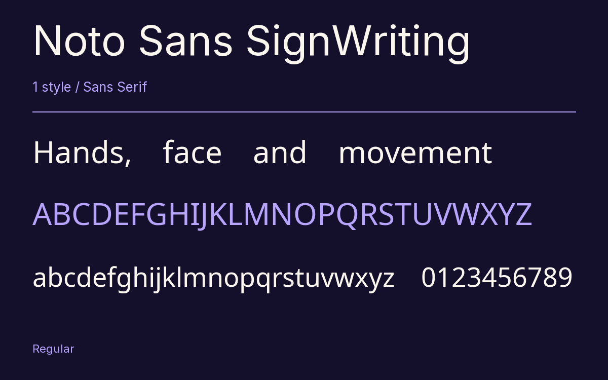 Noto Sans SignWriting type specimen with letters and figures
