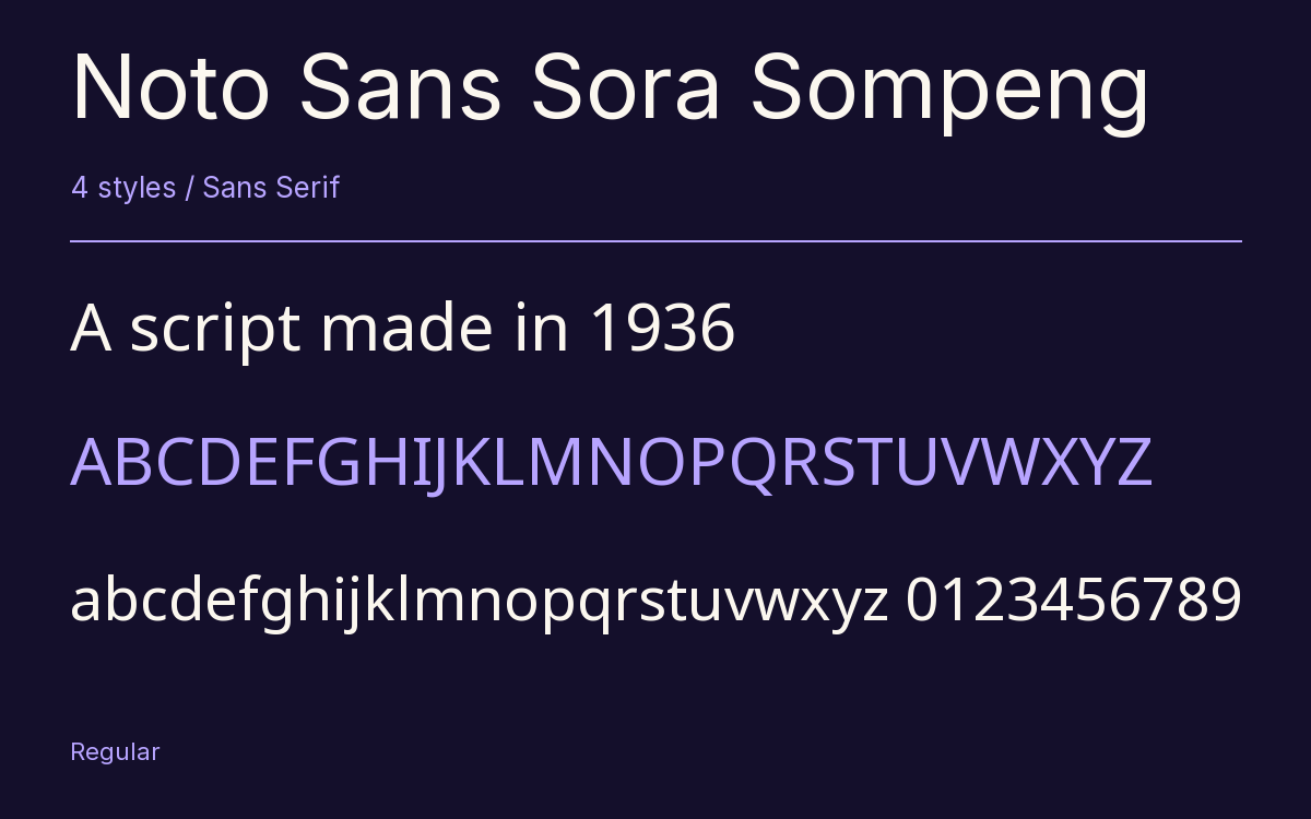 Noto Sans Sora Sompeng type specimen with letters and figures