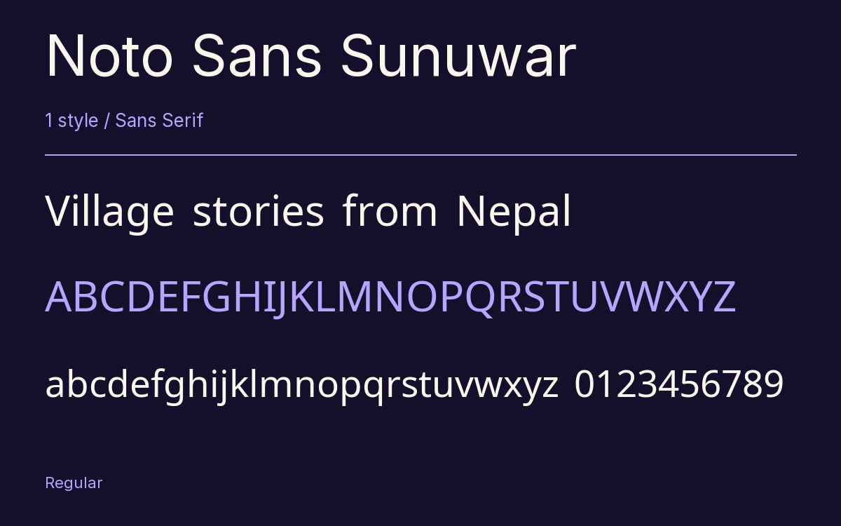Noto Sans Sunuwar type specimen with letters and figures