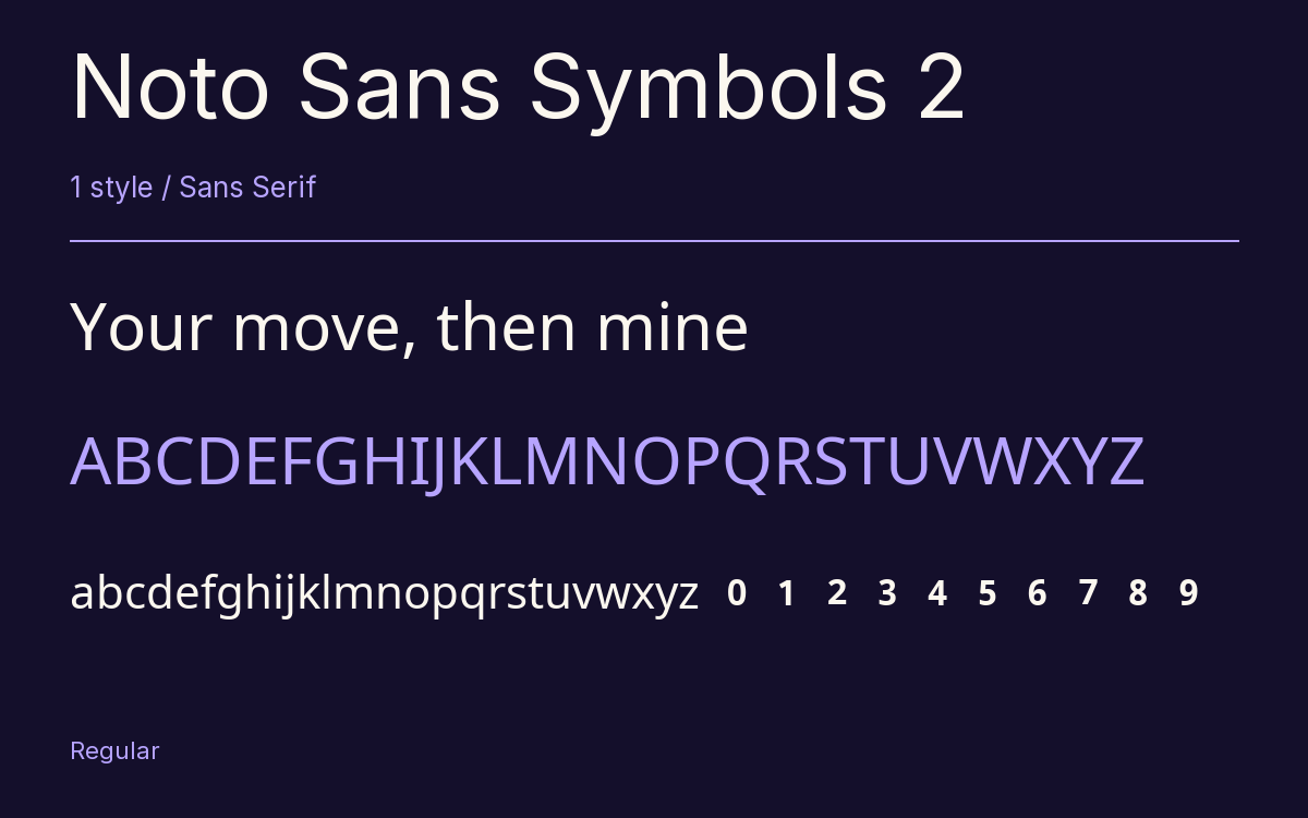 Noto Sans Symbols 2 type specimen with letters and figures